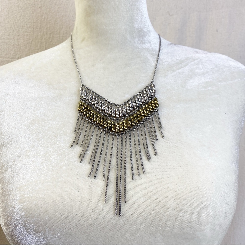 LANE BRYANT Fringe Silver & Gold Statement Bib Necklace mixed metals